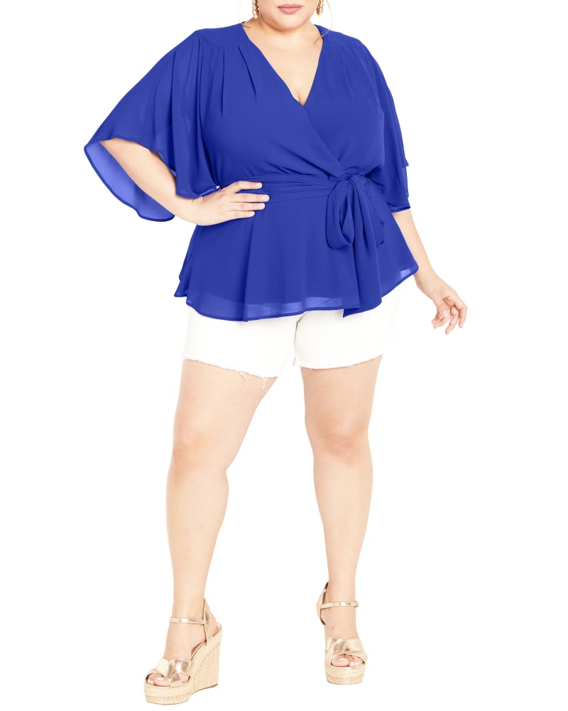 Front of a model wearing a size XXL Elegant Wrap Top in ULTRA BLUE by City Chic. | dia_product_style_image_id:352855